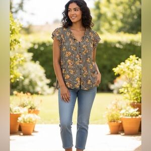 Mason & Belle Floral Smocked Button Front Top 2X Olive Green Boho Peasant